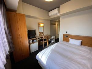 a hotel room with a bed and a television at Hotel Route-Inn Mooka in Mooka +11 photos
