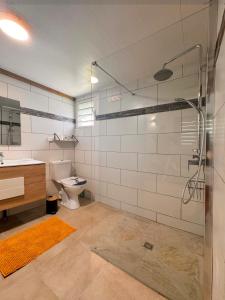 a bathroom with a glass shower and a toilet at Bungalow confortable et calme sud de la Martinique in Rivière-Salée