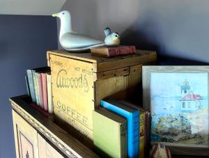 a shelf with books and a bird on top of it at Beach Kayaks Hot Tub Private Cottage in Friday Harbor