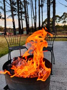 a fire in a pot with two chairs around it at Pine Cabin Right A Short Stroll to Zig Zag Railway in Clarence