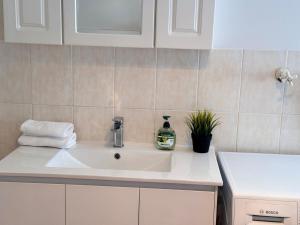 a bathroom sink with a bottle of soap on it at Pine Cabin Right A Short Stroll to Zig Zag Railway in Clarence +45 photos