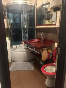 a bathroom with a red sink and a toilet at Apartament Home M in Drobeta-Turnu Severin