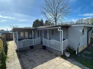 a tiny house with a porch on a patio at 208 Chalet Bosrust in Anloo