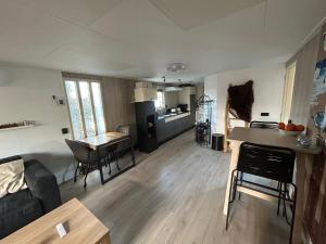 a living room and kitchen with a table and chairs at 208 Chalet Bosrust in Anloo +20 photos