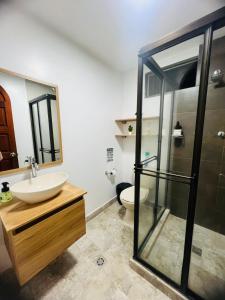 a bathroom with a sink and a glass shower at Casa Ligia in Medellín +48 photos