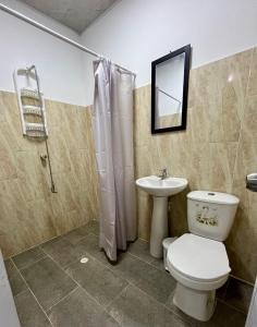 a bathroom with a toilet and a sink and a mirror at Hotel Roy in Santa Marta +11 photos