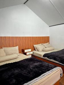 two beds in a room with wooden walls at Villa Dieng Sikapuk Hill Superior Cabin in Kejajar