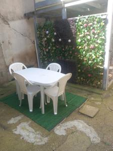 a white table and chairs in front of a wall with roses at appartement grand T2 in Mussidan