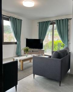 a living room with a couch and a tv at Villa Terra Rosa in Kritou Terra