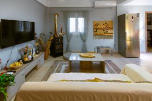 a living room with a couch and a tv at Popi's house in town in Kalymnos