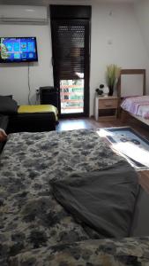 a living room with a bed and a couch at Vikendica Dunav i SAVA in Donji Milanovac