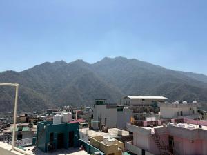 a view of a city with mountains in the background at Mountain View Terrace Room Upper Tapovan in Rishīkesh