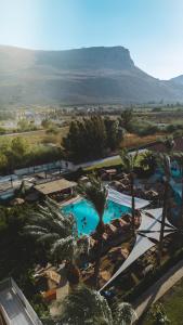 an overhead view of a pool with palm trees and mountains at Solaya Kineret in Migdal +85 photos