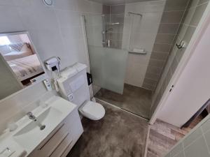 a bathroom with a shower and a toilet and a sink at Cit'Hotel Les Atlantes Royan parking privé in Médis +23 photos