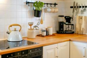 a kitchen counter with a tea kettle on a stove at Romantic Nights Under The Thatched Roof in Scharnebeck +32 photos
