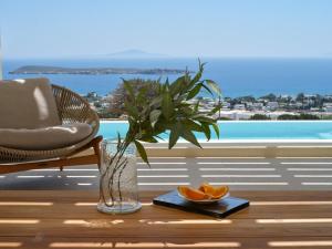 a vase with a plant and a plate of oranges on a table at Eos Villa in Drios