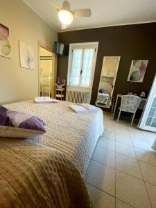 ein Schlafzimmer mit zwei Betten, einem Tisch und Stühlen in der Unterkunft Hotel Del Mera in Sorico