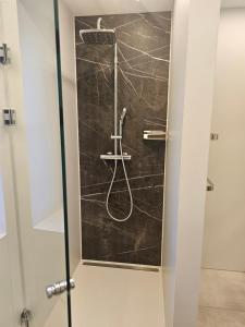a bathroom with a shower with a glass door at Ferienwohnung Scheuringer in Enzenkirchen +13 photos