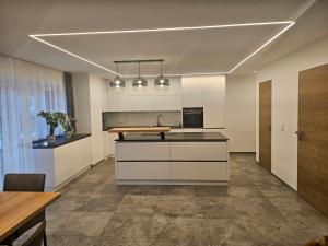 a kitchen with white cabinets and a counter top at Ferienwohnung Scheuringer in Enzenkirchen