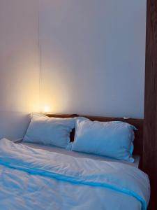 ein Bett mit drei Kissen und einer Lampe darüber in der Unterkunft Peak View Tiny House - Piatra Craiului Nest in Zărneşti