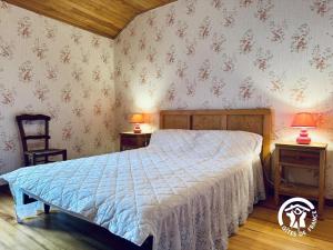 a bedroom with a bed and two tables with lamps at Le gîte de cals haut in Lacombe
