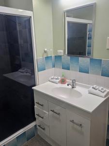 a bathroom with a sink and a shower at Rockhampton Court Apartment in Rockhampton +9 photos