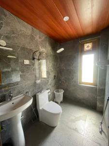 a bathroom with a toilet and a sink at Mountain Route Cottage in Manāli