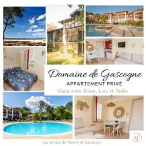 a collage of pictures of a house and a pool at L'Esquirou in Biscarrosse