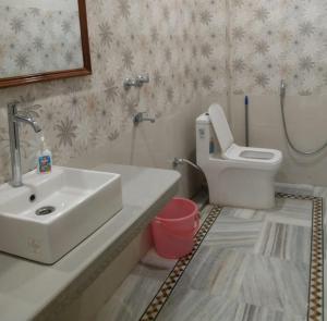 a bathroom with a sink and a toilet at Kedareswar B&B in Varanasi