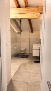 a bathroom with a toilet and a glass door at Haus Friedau in Ellmau