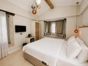 a bedroom with a white bed and a television at Studio Miscela in Urla +11 photos