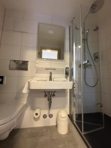 a bathroom with a sink and a shower at BSW Ferienhotel Lindenbach in Bad Ems +45 photos