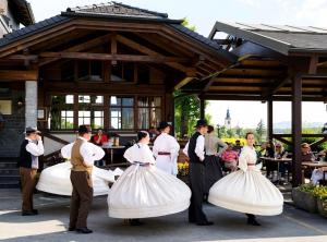 a group of people in wedding gowns dancing in front of a pavilion at Hotel Oskar Zaplata in Preddvor