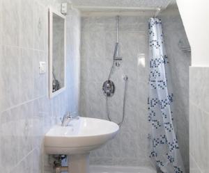 a bathroom with a sink and a shower curtain at La Terrazza sul Giardino in Asti +16 photos