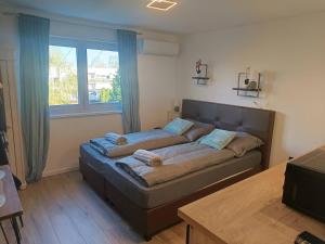 a couch in a living room with a large window at B23 Apartman in Harkány