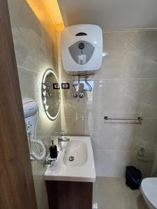 a bathroom with a sink and a toilet and a mirror at Azurea Suites in Alexandria
