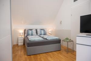 a bedroom with a bed and a flat screen tv at Paky Appartements 00323 in Bruck an der Leitha