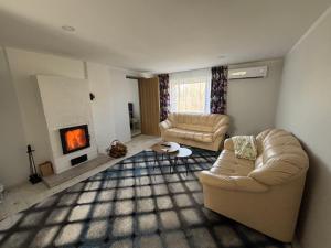 a living room with two couches and a fireplace at Cozy cabin near Peipsi in Raja