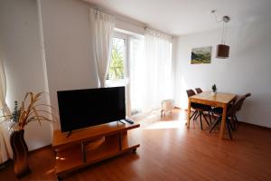 a living room with a television and a dining room table at Radebeul Altkötzschenbroda in Radebeul