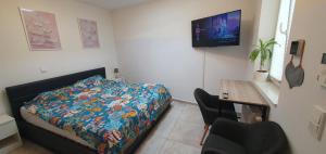 a bedroom with a bed and a desk and a television at Pearl Studio Apart - King Bed - Netflix - Projector - Fast Wi-Fi in Trier