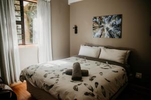 a bedroom with a bed with a teddy bear on it at The Cabins Hogsback in Hogsback