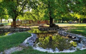 a wooden bridge over a pond in a park at Gallery Art Hotel in Tríkala