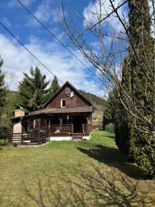 a large wooden house with a large porch at Mountain Cabin Retreat - Terrace, BBQ, Hot Tub in Lunca Bradului