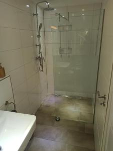 a bathroom with a shower and a sink at Herdecke, Ruhrperle in Herdecke