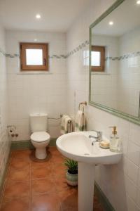 a bathroom with a sink and a toilet and a mirror at El Carloto Lanchares in Lanchares +12 photos