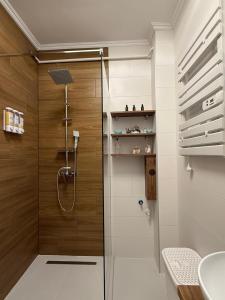 a shower with a glass door in a bathroom at Harmony Suite Apartment in Pápa +83 photos