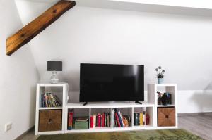 a flat screen tv sitting on a white shelf at Ferienwohnung auf Vierseitenhof in Senftenberg