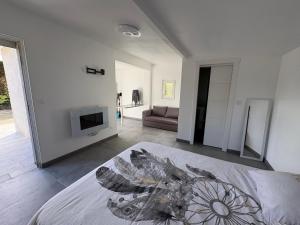 a living room with a bed and a fireplace at Maison entière in Dax