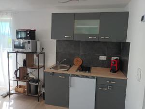a kitchen with gray cabinets and a sink and a refrigerator at Casa Lieselotte in Velden am Wörthersee