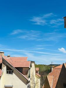 a group of houses with red roofs and a blue sky at Cocon alpin -studio bien équipé in Ifrane